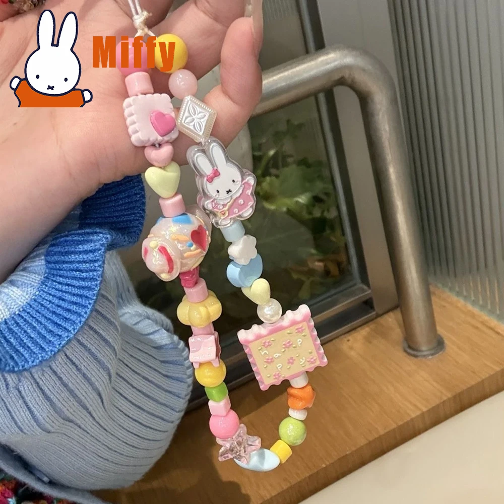 Kawaii Miffy Phone Strap Cute Beaded Charm Decorative Lanyard Pastel Candy Color Sweet Aesthetic Accessory Daily Use Girl Gift