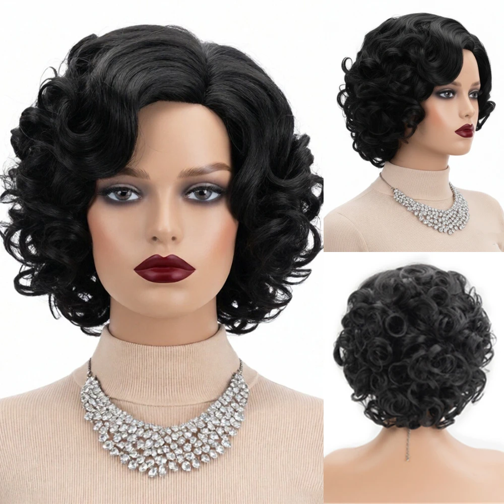 

MSIWIGS Women's Wavy Short Daily Wig American African Synthetic Black Fake Hair Cosplay Wigs