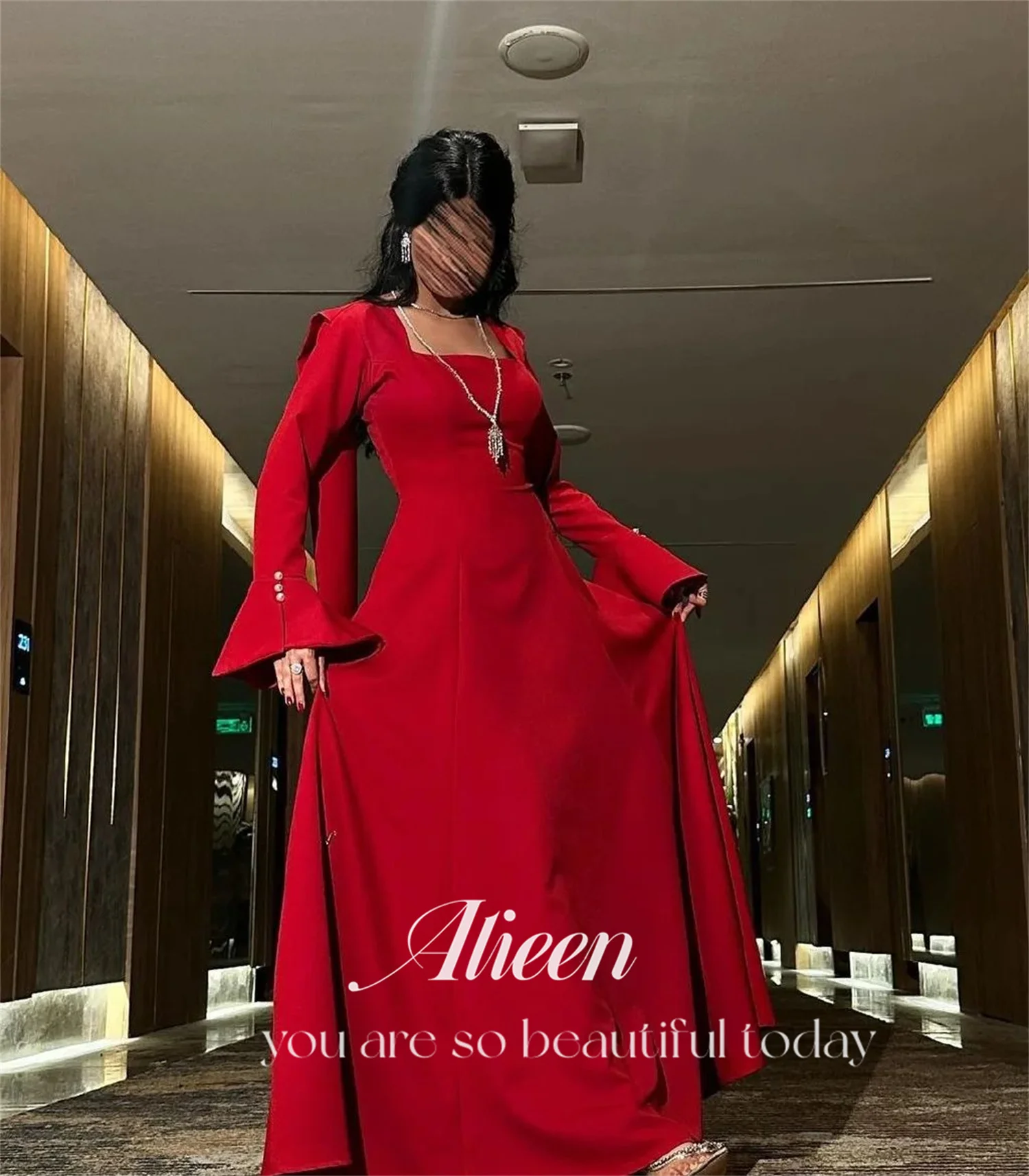 Aileen Long Sleeves Square Collar Red Dresses Gala Wedding Party Dress Evening Elegant Woman Prom 2024 Graduation Women Luxury