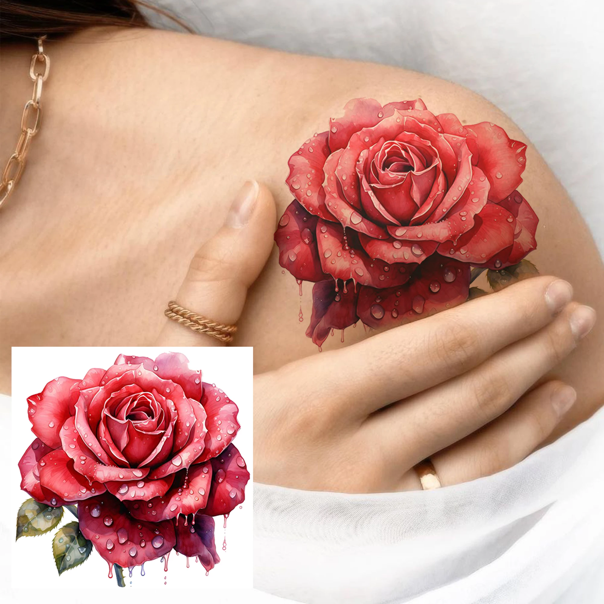 1 Sheet Rose Feather Flower Bird Temporary Tattoos Adult Hand Shoulder, Fake Tattoo Sticker Daily Use Last Long Realistic Tatoos - view 3