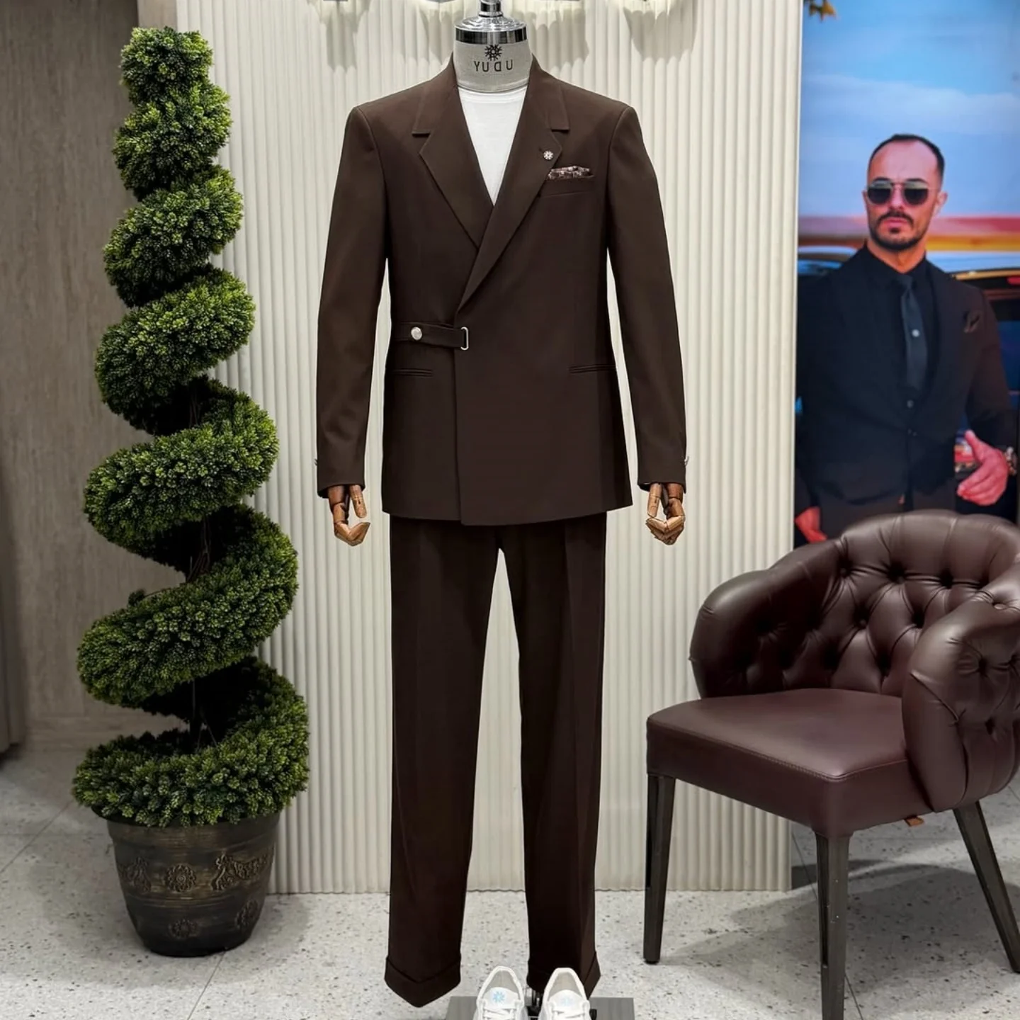 Mens Brown 2 Piece Suit With Side Buckle Detail Blazer Slim Fit Pants Notched Formal Business Office Workwear Casual Customized