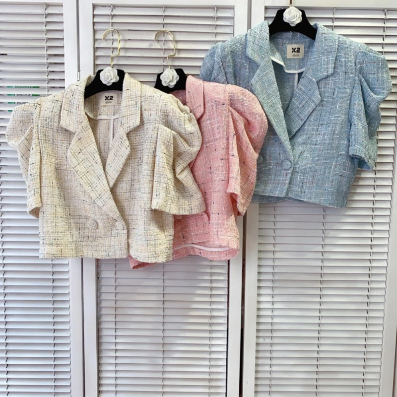 Chic Temperament Small Perfume Suit Collar Double Row Two Buttons Loose Bubble Sleeve Tweed Short Jacket