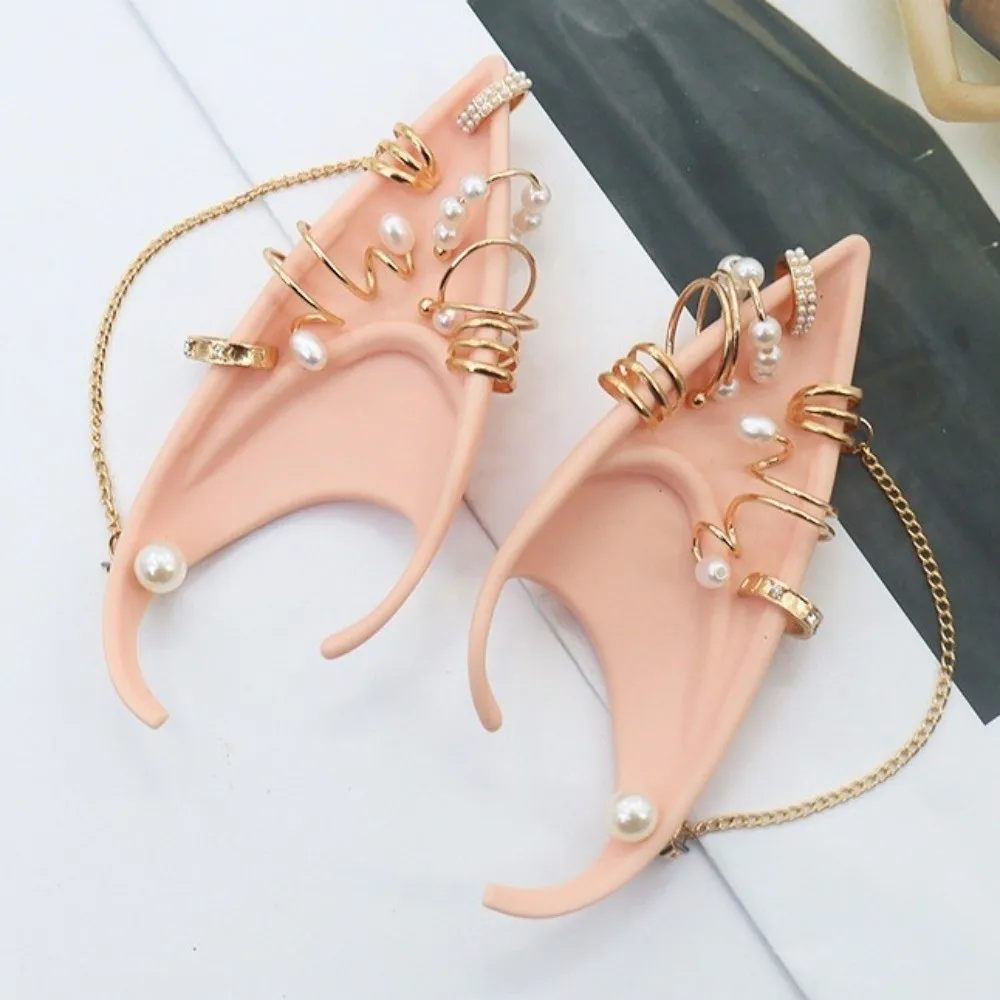 

Cosplay Halloween Elf Ears Forest Butterfly Pearl Alloy Halloween False Ears Fake Piercing Earrings with Earring Dangle