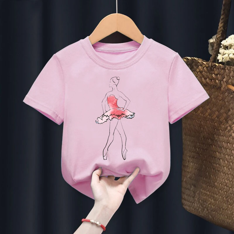 Dance Girl Ballet Dance Printed Children's Round Neck T-shirt Pink Short Sleeve with A Base Shirt Kids Clothes TOPS TEE