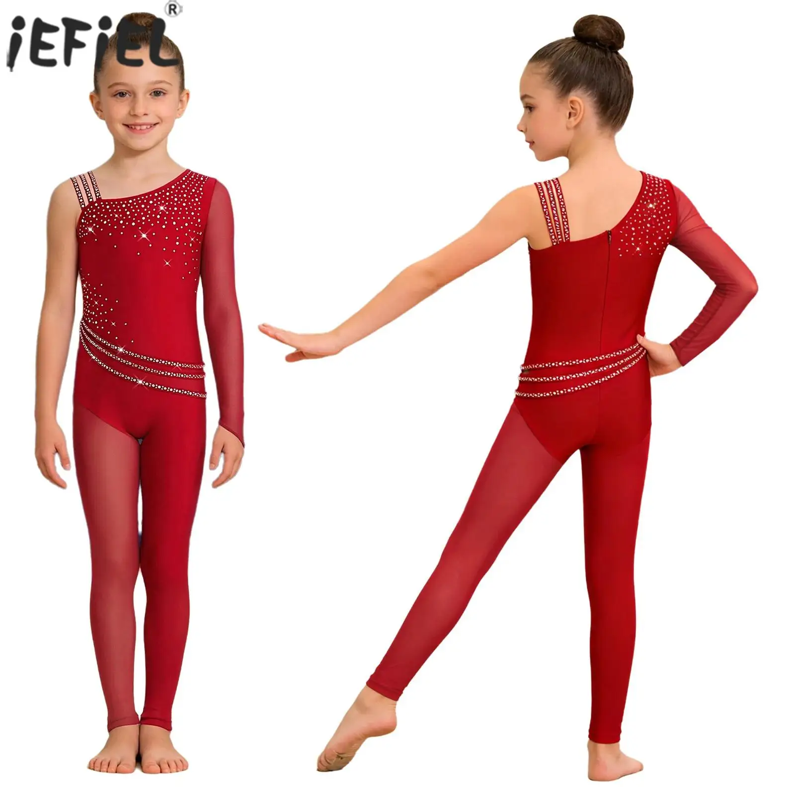 Kids Girls Ballet Dance Gymnastics Leotard Sparkly Rhinestones Mesh Asymmetrical Jumpsuit Figure Skating Acrobatics Bodysuit