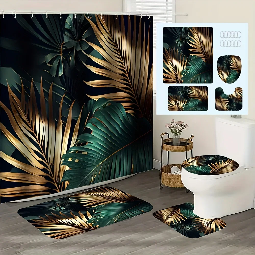 

Набор из 4 ботанических занавесок для душа с принтом золотых и зеленых листьев, включая занавеску для душа, нескользящий коврик, сиденье для унитаза с крючками