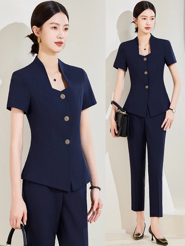 

Элегантный летний деловой костюм синего цвета для женщин: приталенный, тонкий, профессиональный, для косметологов, высококлассный, для салонов красоты, униформа для карьеры