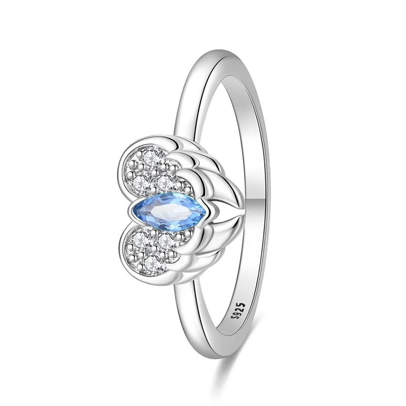 

New Original 925 Sterling Silver Heart Shaped Blue Feather Ring For Women Fit Wedding Party Jewelry Gifts