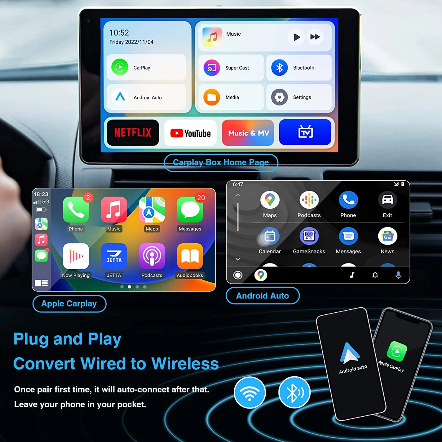 Onnice 2023 Newest Wired to Wireless Smart Carplay Adapter Android 12.0 Netflix & Youtube  Android Auto AI Box Dongle