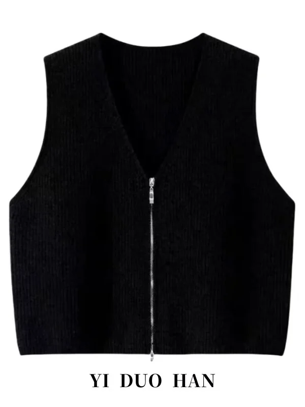 Short Zipper Knitted Cardigan Vest Women's Spring Outerwear V-Neck Sweater Base Layer Shoulder Pad Warm Commute Style