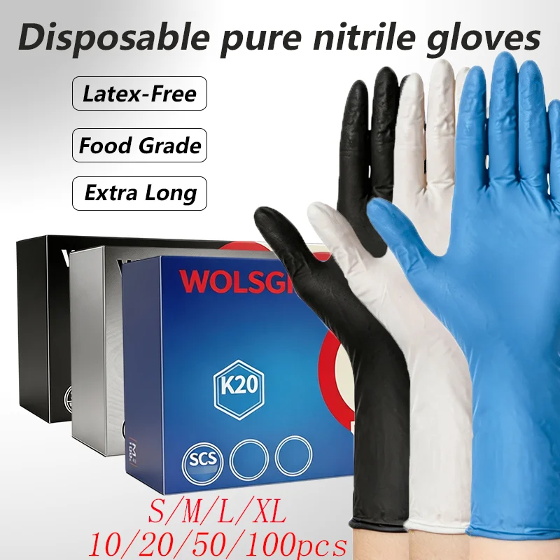 10/20/50/100 Disposable Black/Blue/White Nitrile Gloves, 11.4-Inch Long and Durable, for Everyday Cleaning and Food Handling