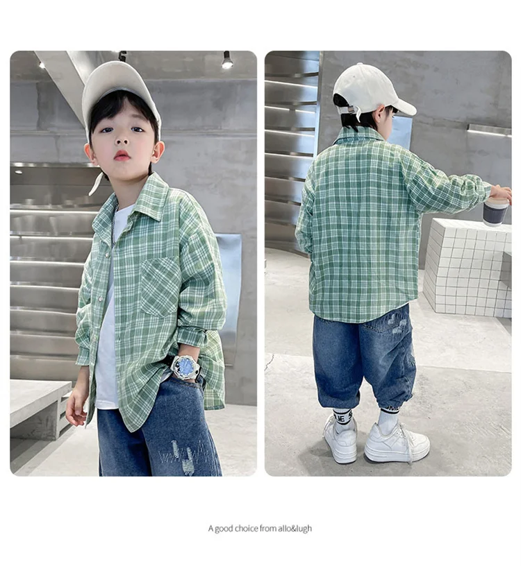 Neues Frühlings-Baumwoll-Langarmhemd für Jungen, Modische High-Street-Oberbekleidung, Oberteile für Teenager, Kariertes Streifenhemd, Alter 5-14 Jahre – Detail 22