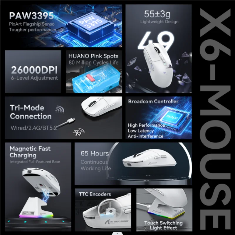 X6 Bluetooth Gaming Mouse,PAW3395,Tri-Mode Connection,RGB Touch Magnetic Charging Base, Macro Mouse