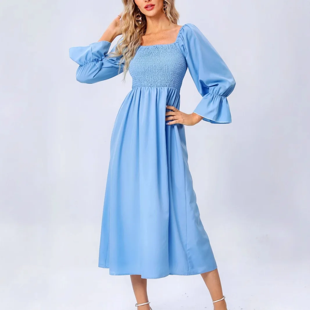 Elegant Pink Solid Midi Dress Casual Lantern Sleeve Squared Neck Slim Waist A Line Party Long Dresses Women's Clothing Robe Y2K