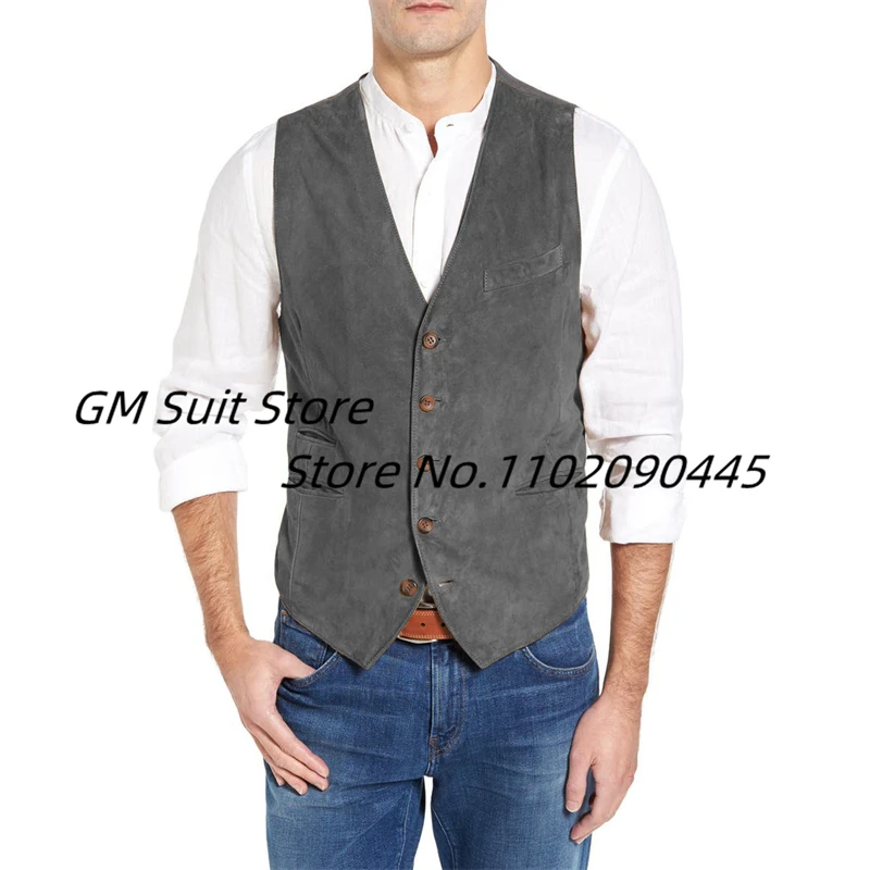 Mens Dress Vest Suede Leather 5 Buttons Male Waistcoat Formal Gilet Homme Business Slim Fit Suit Vest