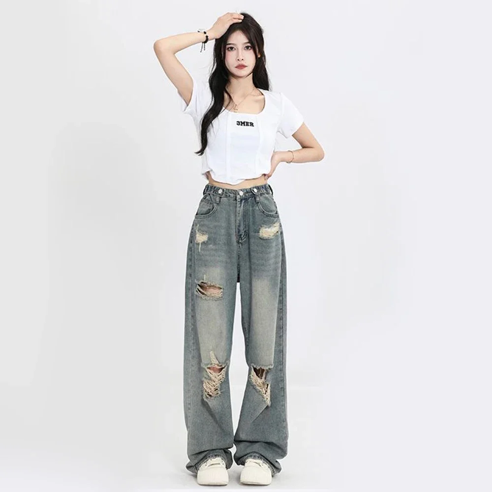 American retro ripped jeans for women's fashion design sense Vibe high waisted loose fit slimming straight leg floor pants