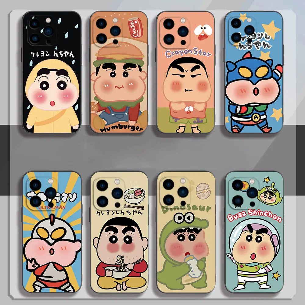 Bilibili C-Crayon S-Shin C-Chan Cartoon Phone Case for iPhone 12 11 13 14 15 16 Max Pro Plus Black Soft Silicone Cover