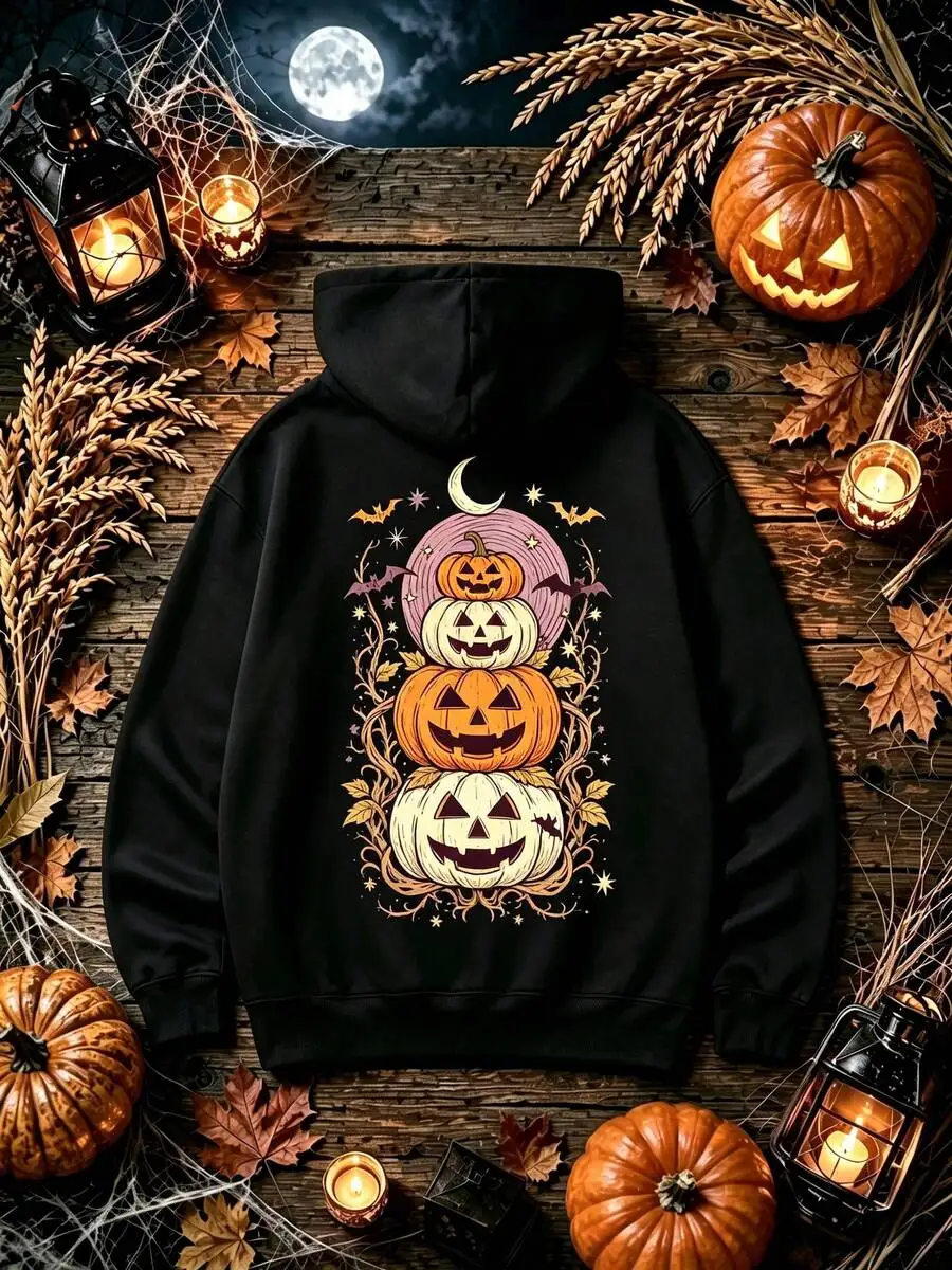 Mens Clothes Vintage Halloween Stacked Pumpkin Hoodie, Cute Jack-O-Lantern Moon Bat Leaf Back Print Long Sleeve Drawstring Pocket Pullover Sweatshirt