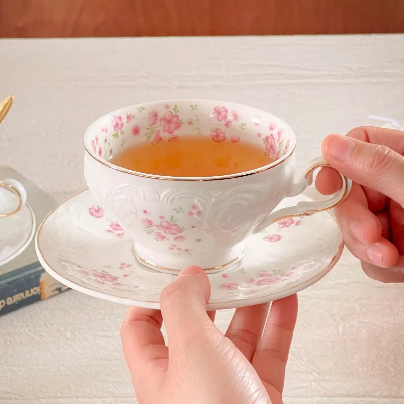 

French Vintage Relief Cherry Blossom Coffee Cup Saucer Exquisite Gold Rim Floral Ceramic Cup Afternoon Tea Flower Tea Coffee Mug