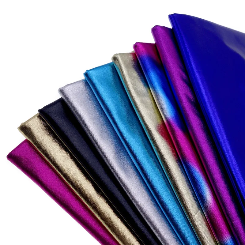 Stretch tkanina Spandex materiał błyszczące złoto folia brązujący PU błyszcząca skóra tkanina dla DIY etap przebranie na karnawał sukienka