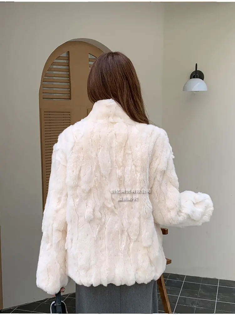 Cappotto da donna in vera pelliccia di coniglio naturale stile corto, colletto alla coreana, maniche lunghe, giacca autunno inverno