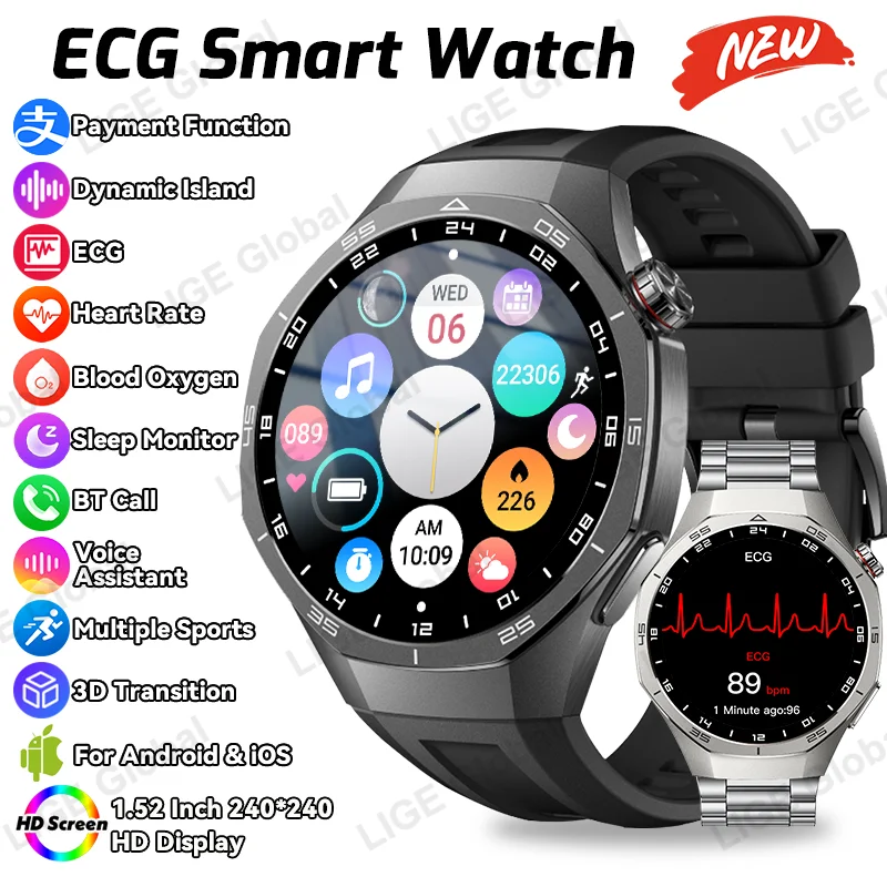 

LIGE For GT5 Pro Smart Watch ECG Heart Rate Health Monitoring Bluetooth Call Bracelet Dynamic Island Men Fitness Smartwatch 2026