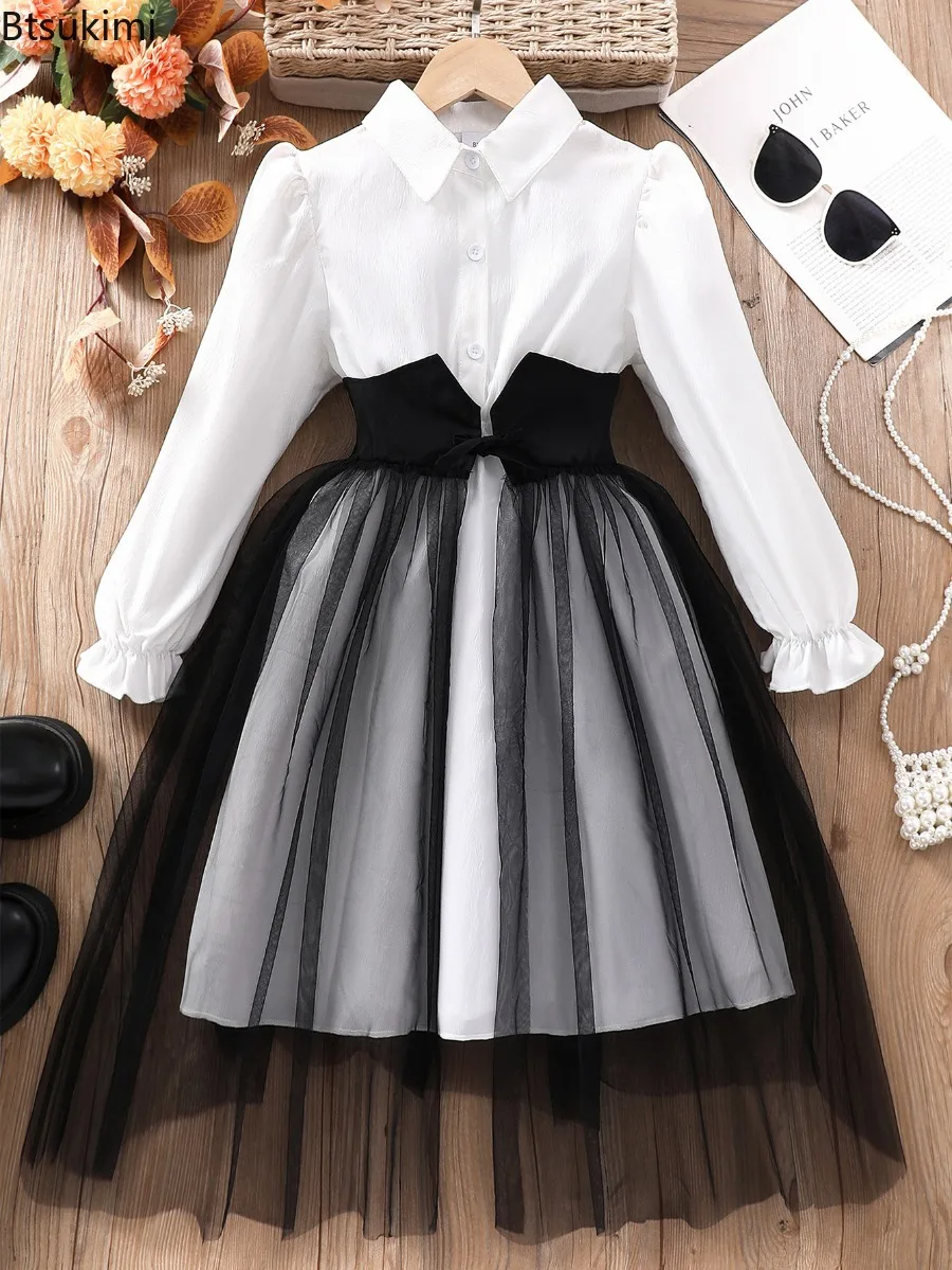 Spring and Autumn Teen Girls Long Sleeve Dress Waist Seal Net Mesh Patchwork Lapel Casual Dress for 8-12 Years Girls Daily Wear