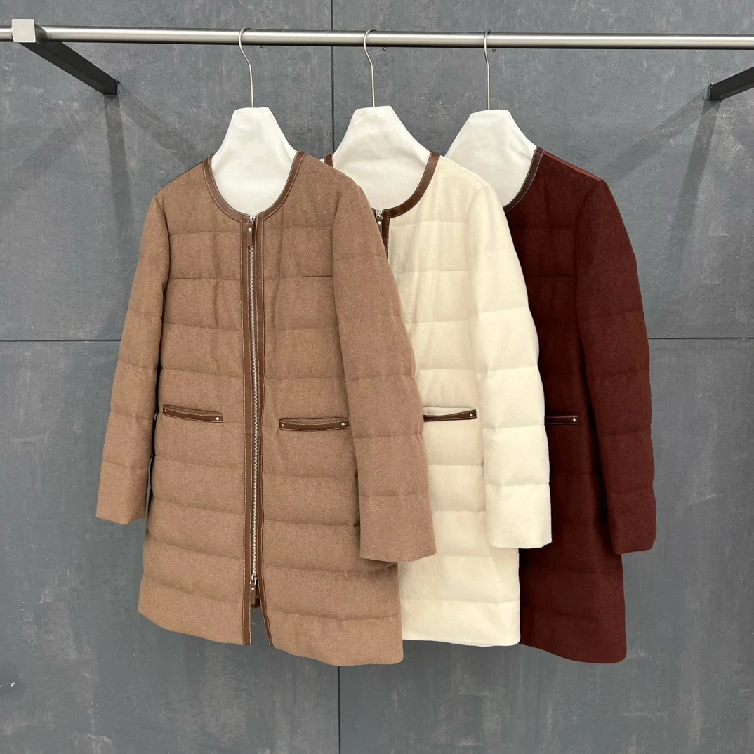 

2025 Autumn And Winter New Wool French Style Casual Waist Slimming Wool Stitching Mid-Length Down Jacket For Women