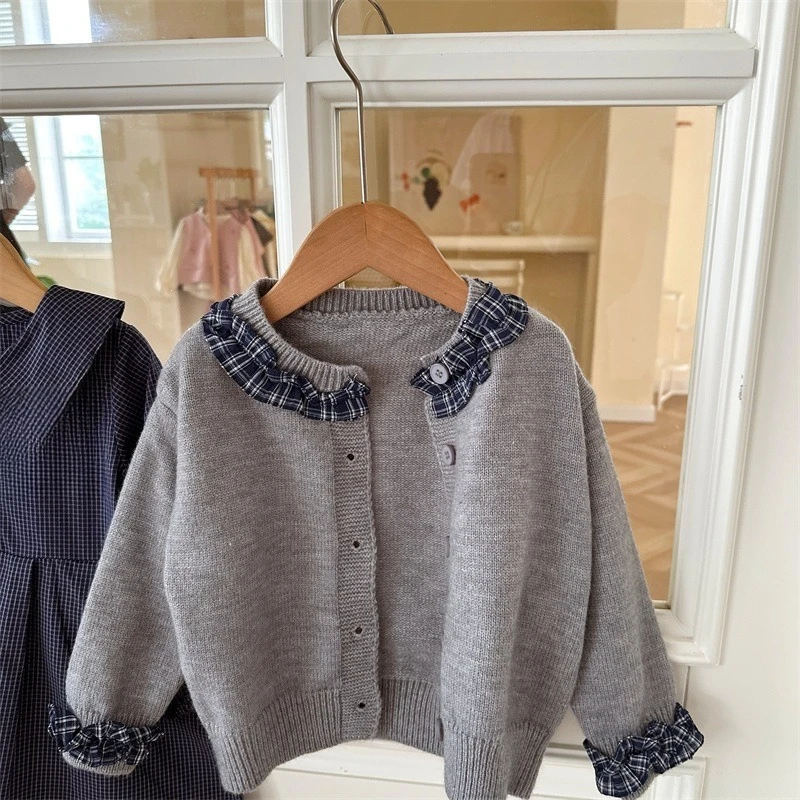 2026 Girls Set Fall New Girls Korean Plaid Doll Collar Dress Ruffled Sweater Knitwear Elegant Style Nice