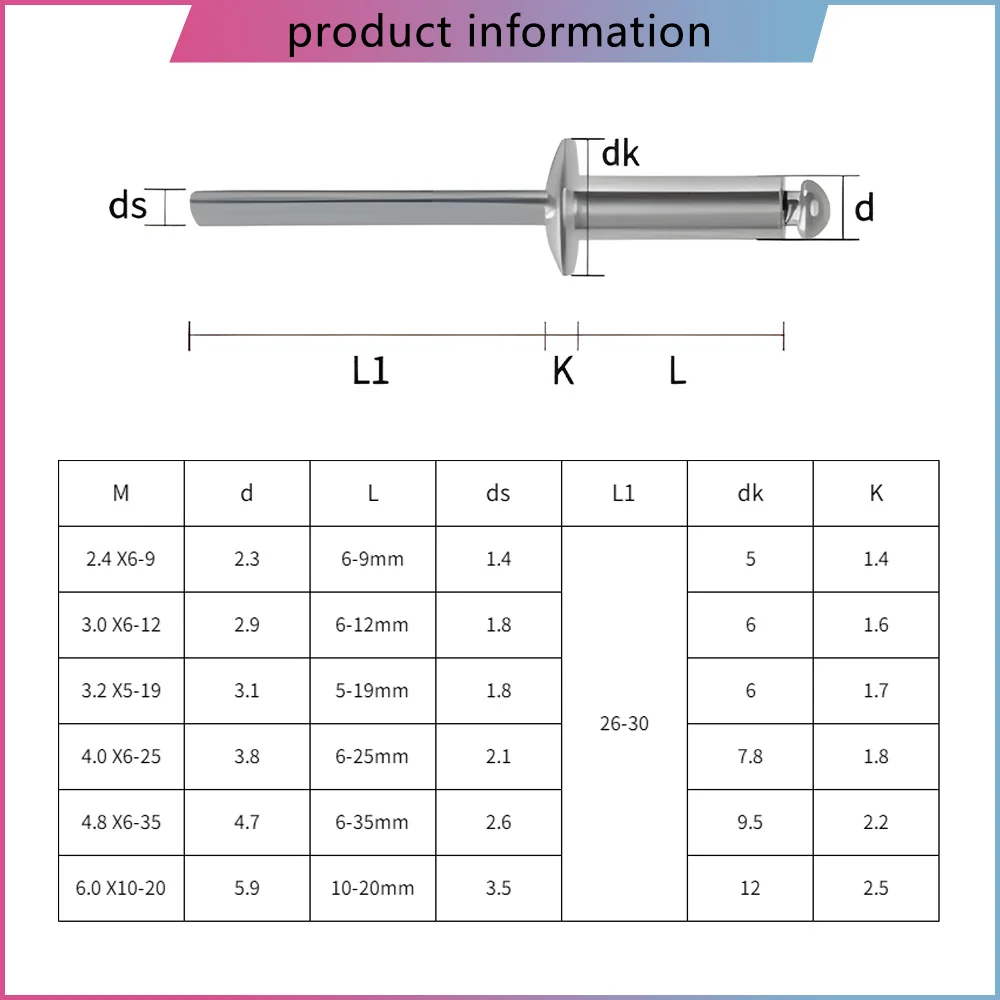 Pop Rivets Aluminium Dome Head Blind Rivet M2.4 M3 M3.2 M4 M5 M6 M6.4 Shank Mandrel Exhaust Pull Nail For Furniture Car Aircraft
