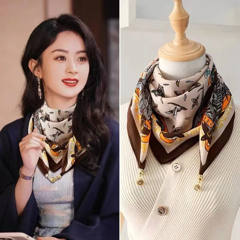 

New Style Magnetic Buckle Print Silk Scarf Women New Spring Autumn Wraps Neck Scarf Fashion Cross Scarves High-end Scarves