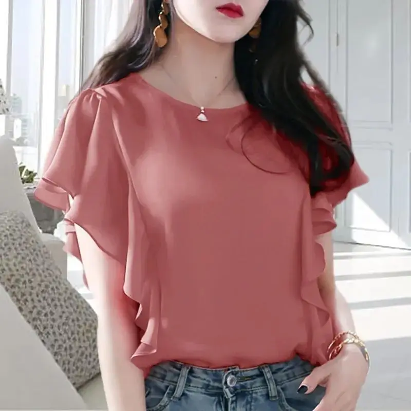 Temperament Ruffles Loose Tops Tees Summer New Short Sleeve Solid Color All-match Office T Shirts Vintage Fashion Women Clothing