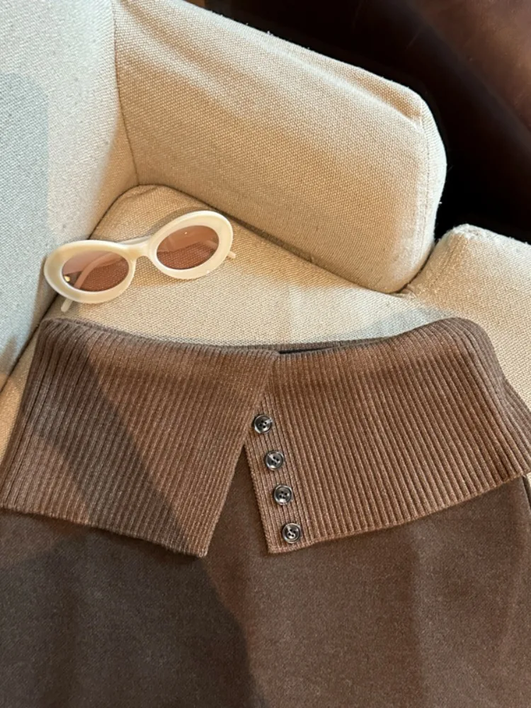 

Симпатичная шерстяная вязаная юбка кофейного цвета, женская осенне-зимняя антилегкая юбка с запахом, трапециевидной формы с высокой талией