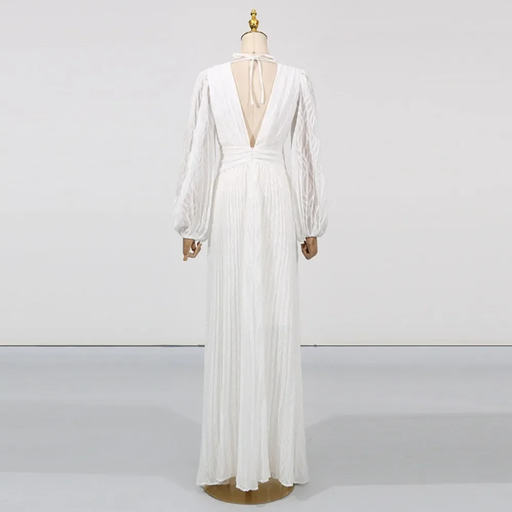 Elegante Vestido Maxi Blanco Plisado con Cuello en V y Mangas Farol para Fiestas Nocturnas, Cócteles, Cenas, Citas, Bodas, Invitadas y Salidas Diarias