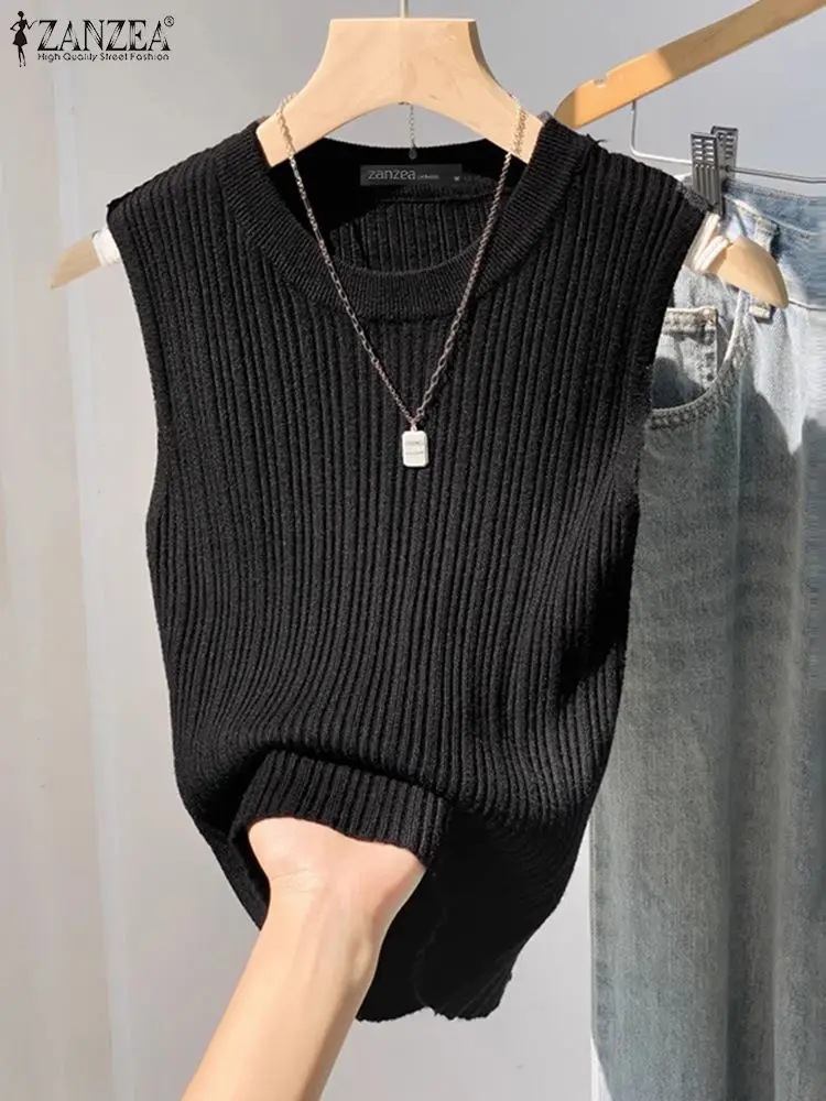 

ZANZEA Elegant Elastic Tank Tops Summer Sleeveless Knitted Tanks Women Vintage Loose Tanks 2024 Round Neck Camis Female Vests