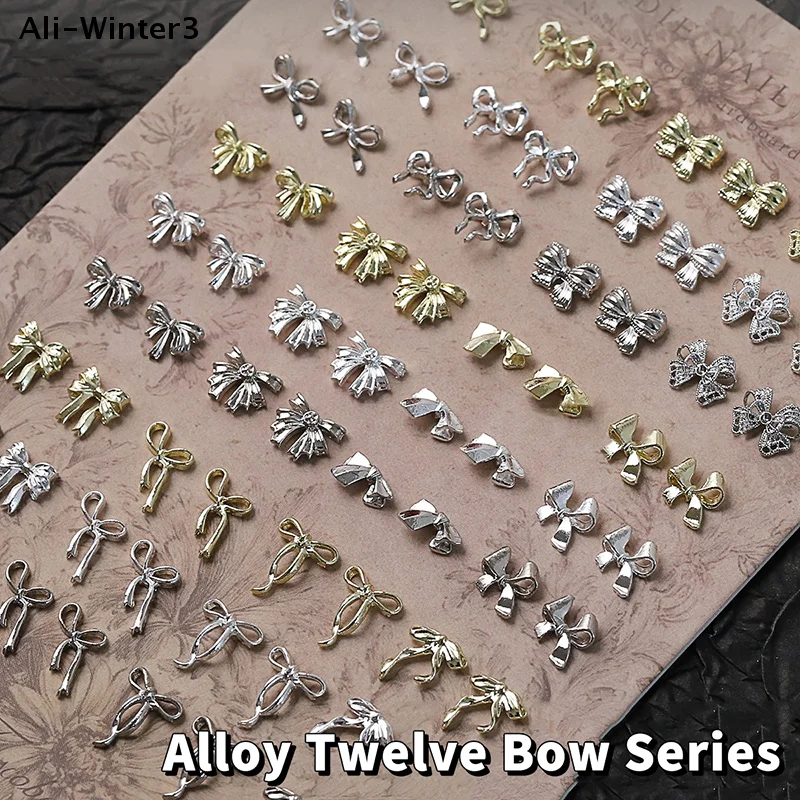 【WW3】50 Piezas de Adornos de Uñas con Lazo de Metal en Oro/Plata/Blanco, Lazos Metálicos 3D de Lujo para Manicura, Accesorios de Manicura