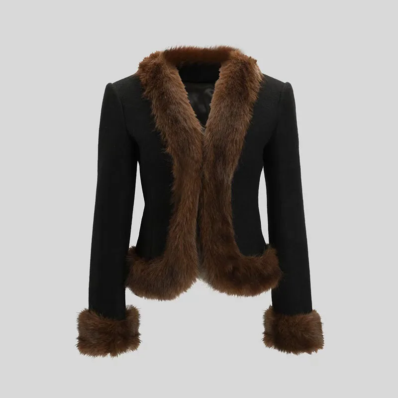 معطف شيرلينغ نسائي، جاكيت مرقع بياقة فرو، معطف قصير عالي الجودة بتحديد الخصر، 2025، شتاء، جديد y2k #5