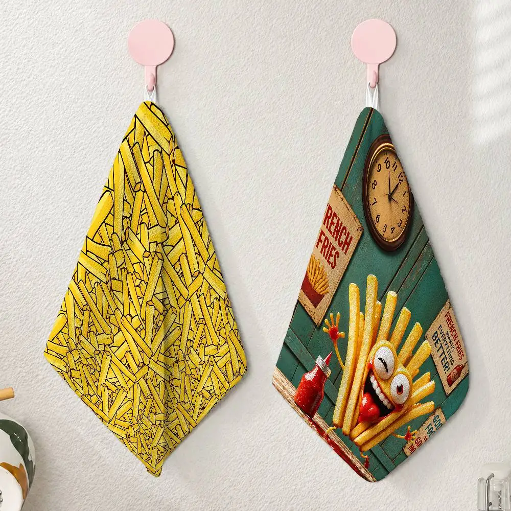 Fries Ketchup Joy Funny Cartoon Printed Small Hand Towel Polyester Cotton Soft Towel For Bathroom Kitchen Home Use