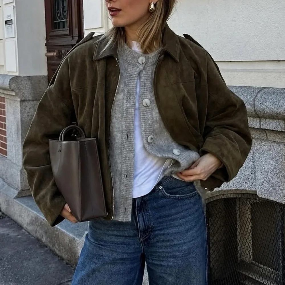 2025 Flip Collar Pilot Jacket Suede Texture Casual Coat Loose Zipper Outer Garment