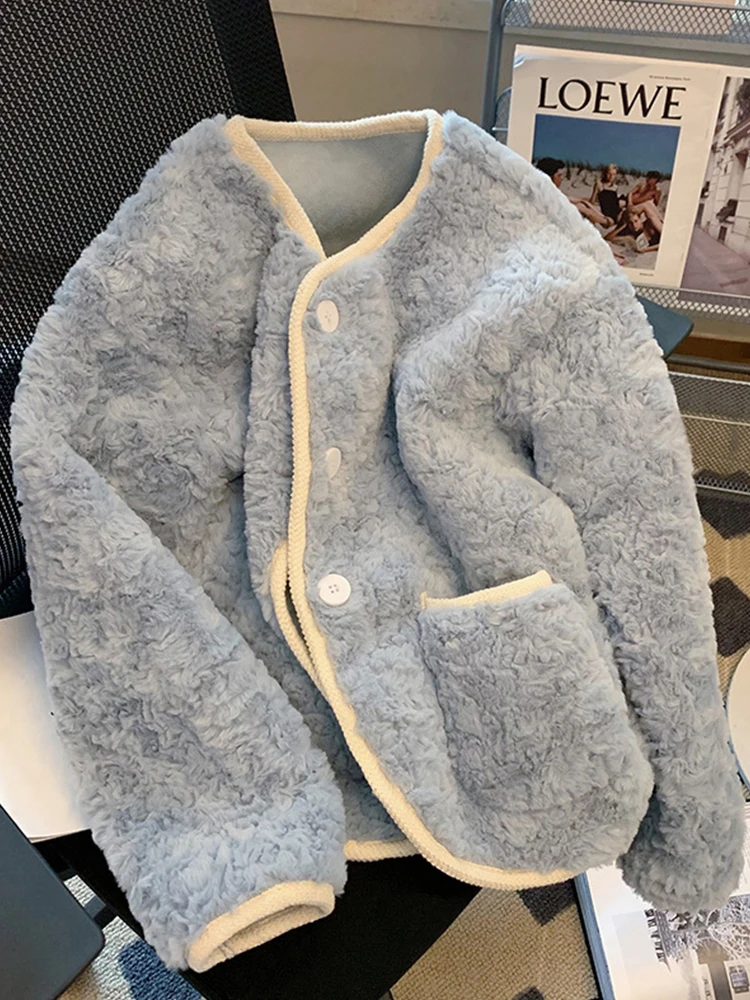 Veste en peluche en laine d'agneau bleue pour femme, style preppy, vestes douces pour femme, mode coréenne, vêtements chauds épais pour l'hiver