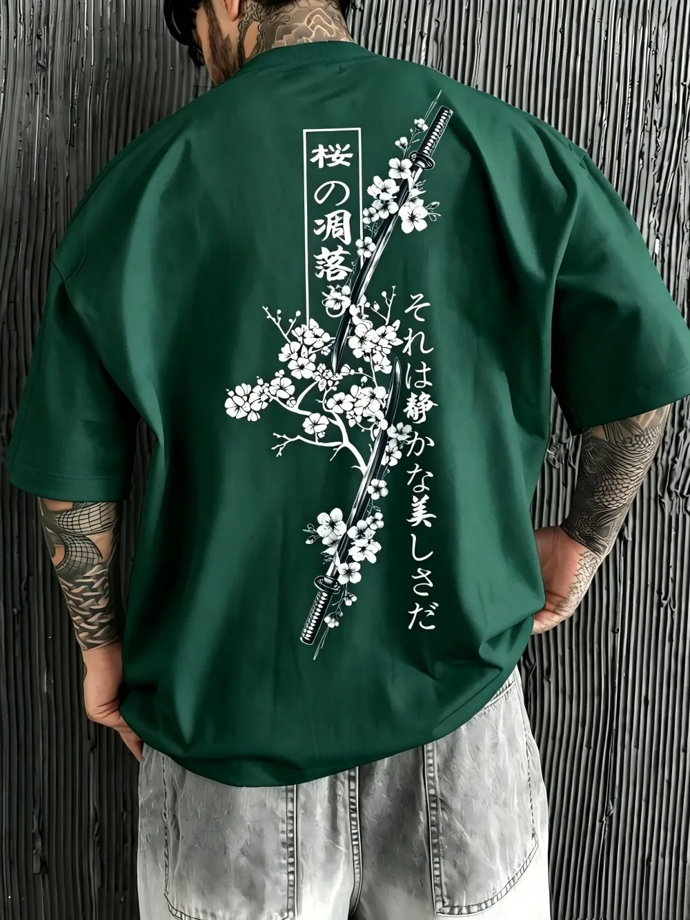 American men's summer cherry blossom samurai sword letter print comfortable and breathable round neck T-shirt outdoor street top