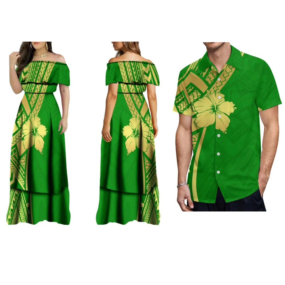 

Polynesian Floor-Length Dress Multi-Layer Lotus Sleeves Design Men'S Short-Sleeved Casual Shirt Women Temperament Elegant Dress