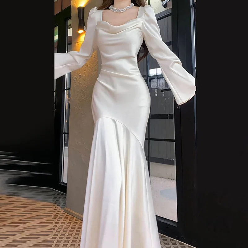 Simple And Elegant Light Satin Mermaid Wedding  Square Collar Long Flare Sleeves Bridal Dresses Gowns Vestido Novia Customized