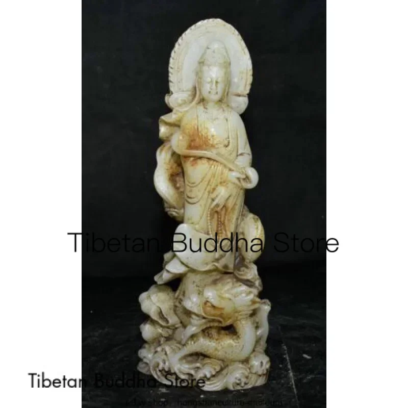 

8.8 " China Natural White Jade Carved Buddhism Guanyin Buddha Dragon Statue