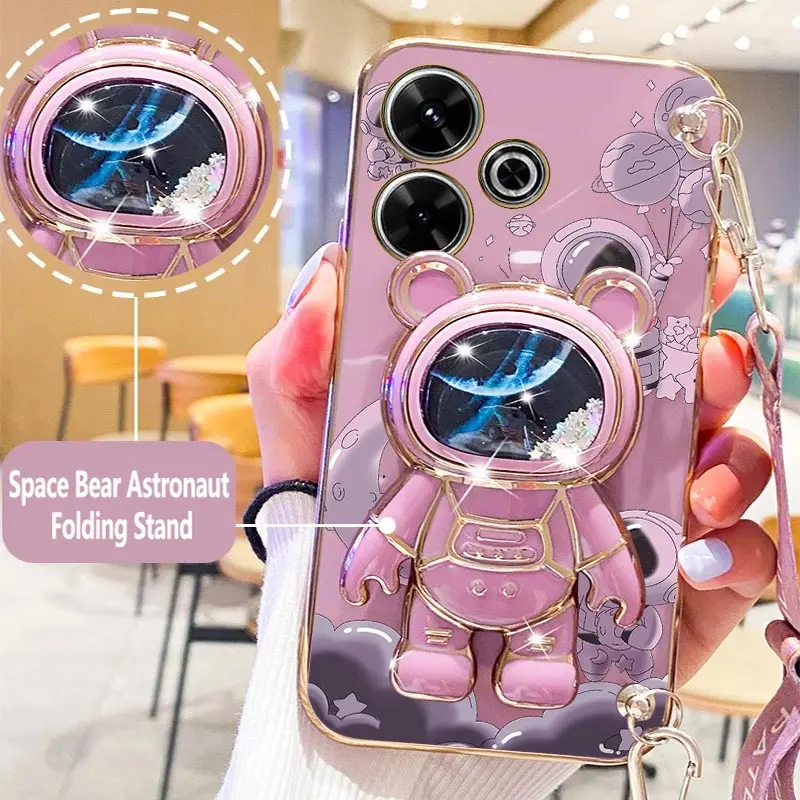 13 Brave Astronaut Holder Lanyard Plating Phone Case For Xiaomi Redmi 13 A3 12C 10 10A 9 9C 9A 9T Turbo3 12 13C Soft Back Cover