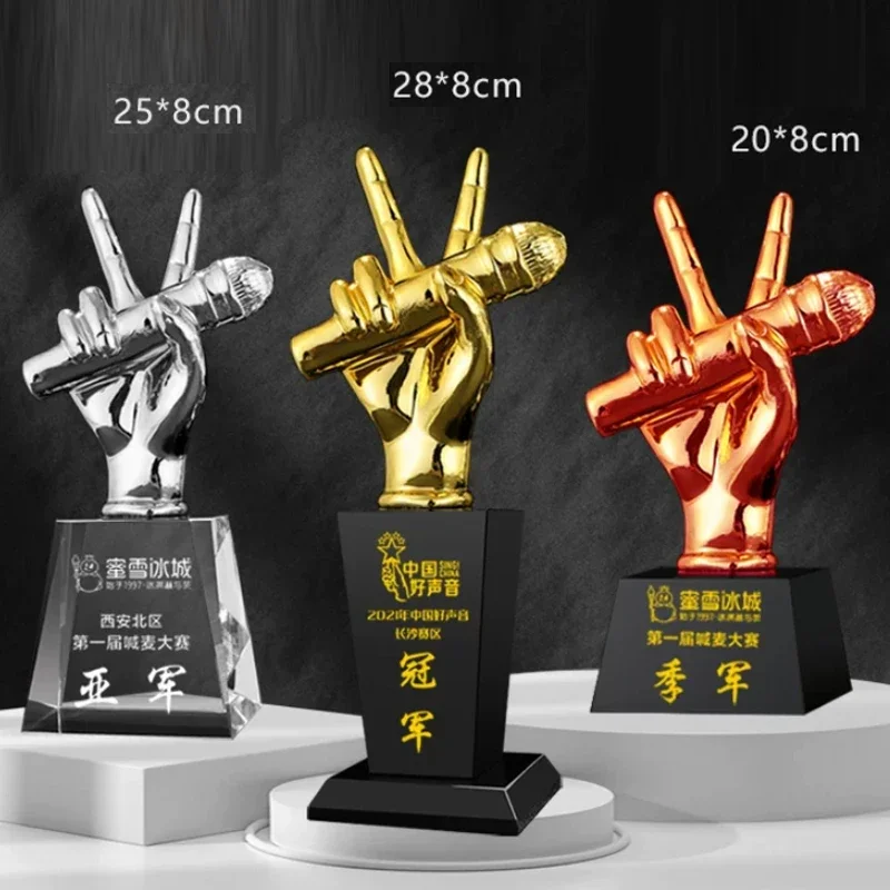 Customized Microphone Trophy, Good Voice Trophies, Music Award, Singing Competition Decor, Gold, silver, copper Crystal Base 1Pc