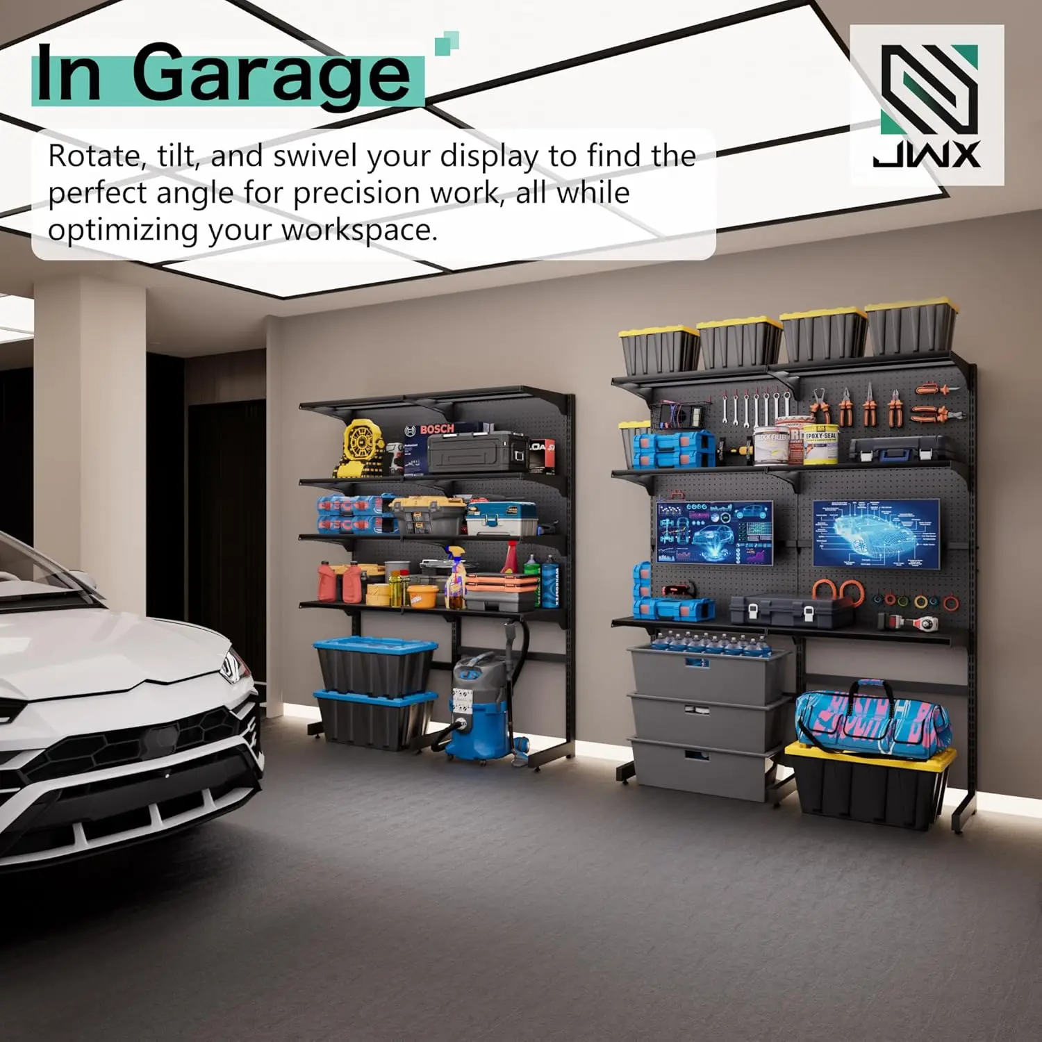 JWX DDB Gaming Pegboard Standing Shelf Units, Modular Pegboard and Shelf System with 15 Pieces Organizer Tool Holders