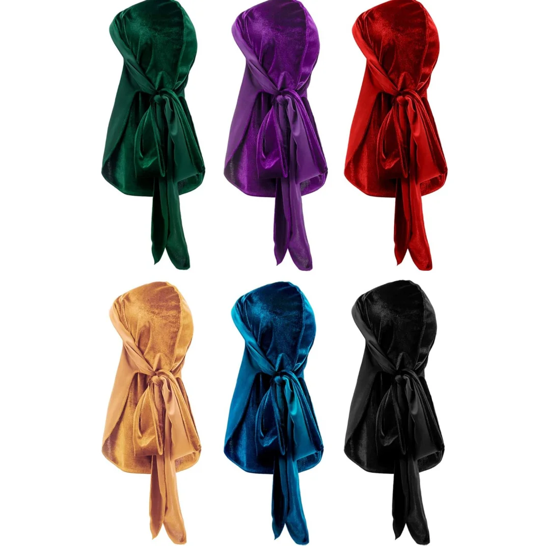 6 Pack Velvet Durag for Men Women, 41 Inch Extra Long Tail, Stretchable Wave Cap for 360/540/720 Waves Crushed Velvet Wave Durag