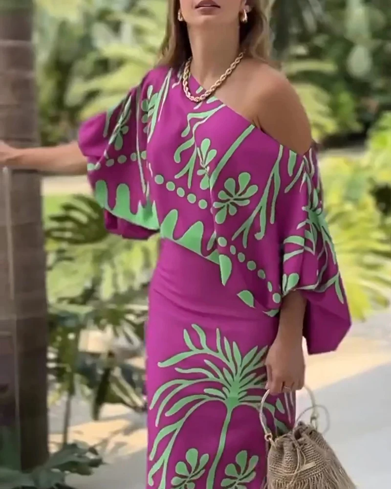

Skirts 2 Pieces Outfit Tropical Print Lantern Sleeve Cold Shoulder Loose Top & Casual High Waist Fishtail Skirt Set for Women
