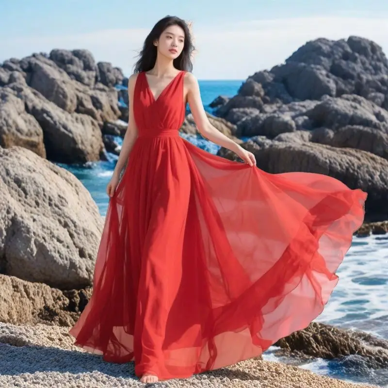 Boho ฤดูร้อนสีแดงชีฟองชุดชายหาดผู้หญิงเซ็กซี่ V คอวันหยุดเต้นรําชุดราตรียาว Maxi Robe 2025 ใหม่